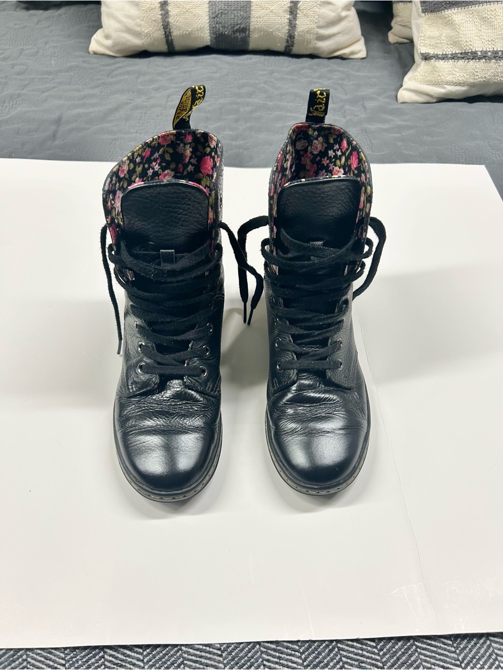 Dr. Martens Black Leather Lace-Up Boots with Pink Floral Collar